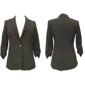 XOXO Sz S Black Blazer Jacket Single Button Tuxedo Collar Ruched Sleeves
